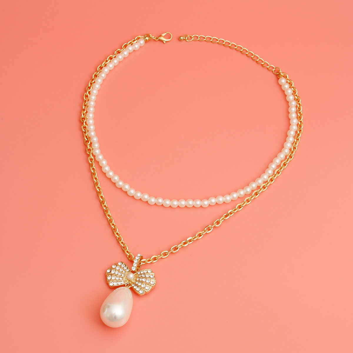 Double Layer Pearl Bow Gold Necklace