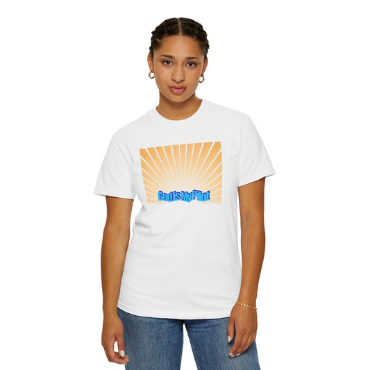Person wearing a white t-shirt with a colorful graphic design on a white background