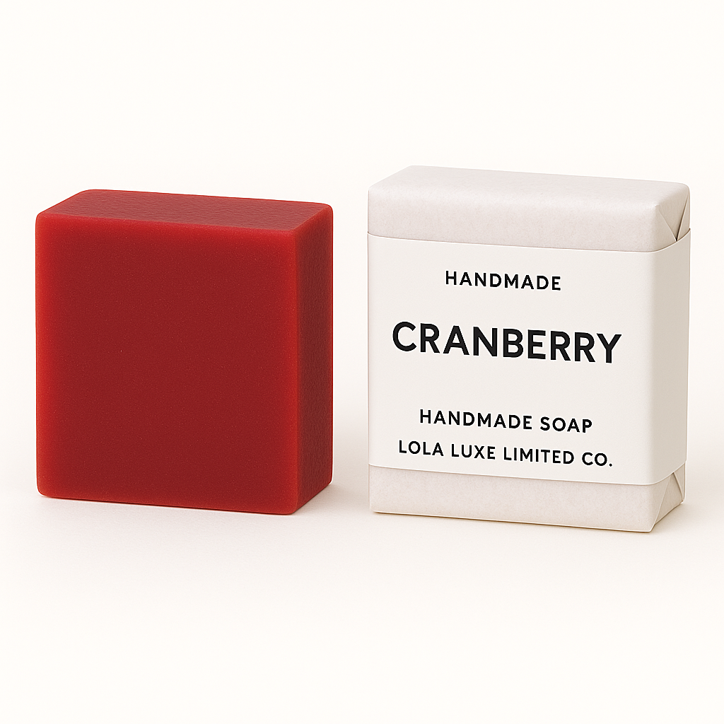 Cranberry Handmade Soap bar next to its white packaging with 'Cranberry' and brand name on a white background