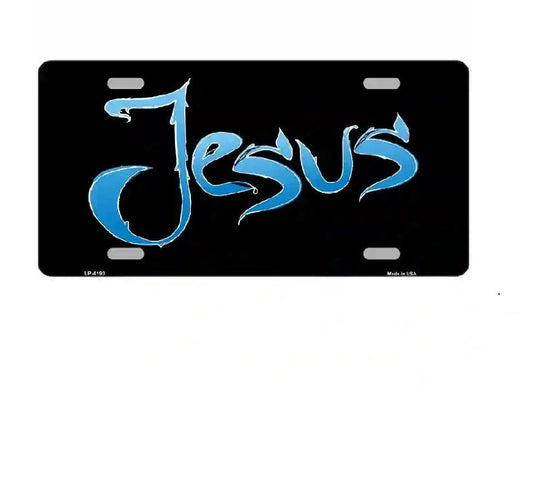 Black license plate with blue 'Jesus' text on a white background