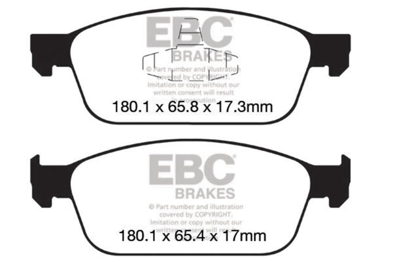 Two EBC Brakes brake pads with dimensions on a white background