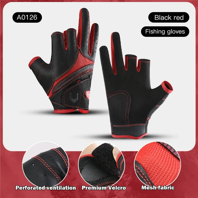 Black and red fishing gloves with features highlighted on a white background