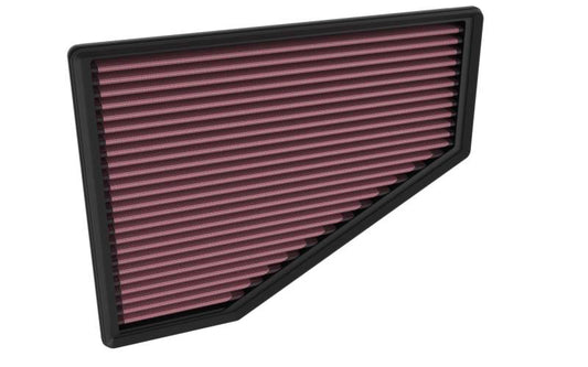 Rectangular air filter with a black frame and red pleated material on a white background