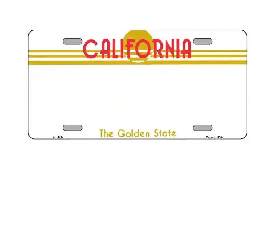 California license plate with 'The Golden State' text on a white background