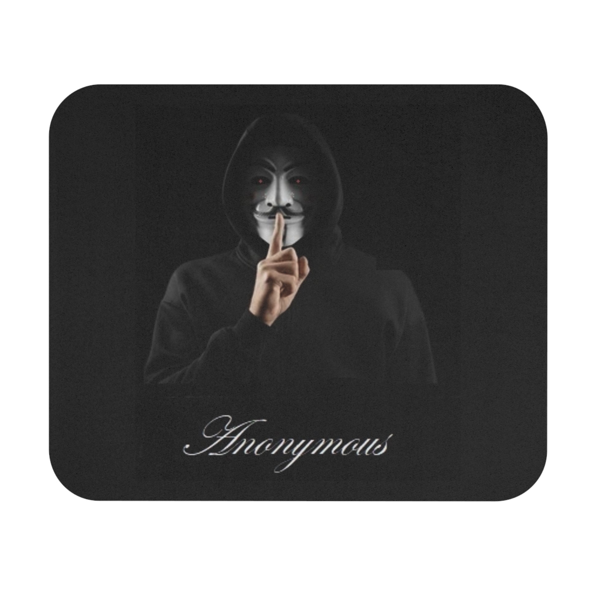 A rectangular mouse pad with rounded corners, featuring a black background with a printed graphic of a person in a black hoodie and Guy Fawkes mask holding up a finger, with the word 'Anonymous' in white script at the bottom.
