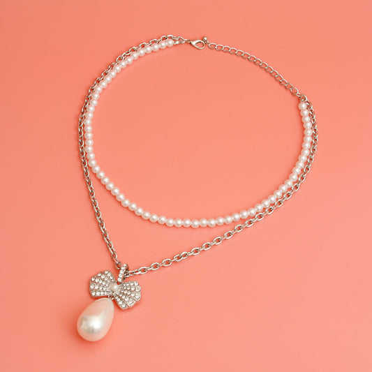 Double Layer Pearl Bow Silver Necklace