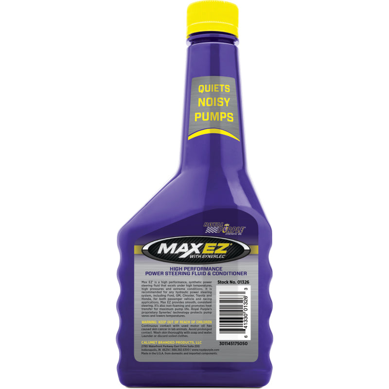 Purple bottle of MaxEZ power steering fluid with yellow cap on a white background