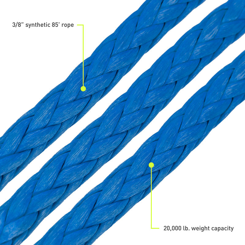 Blue synthetic rope with measurements and weight capacity on a white background