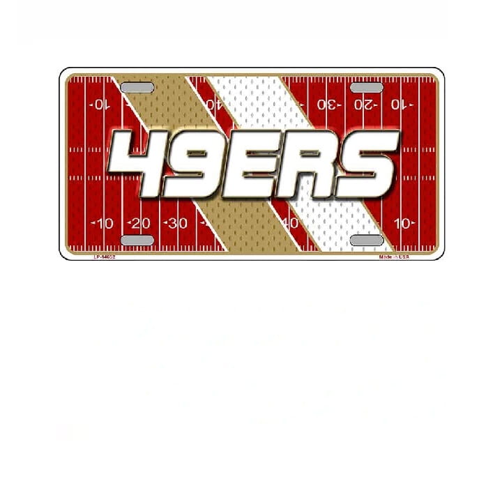 License plate with '49ers' text on a football field design