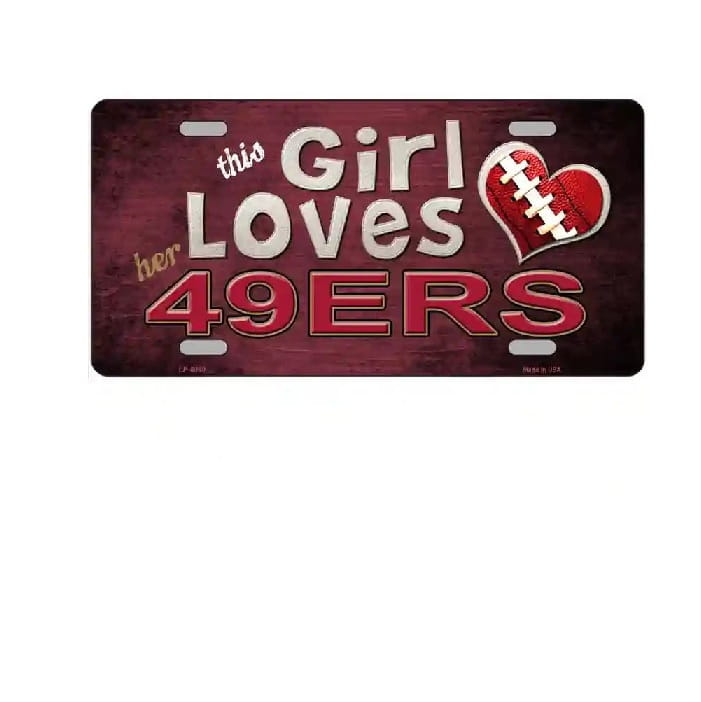 License plate with 'this Girl Loves her 49ers' text and football graphic on a red background