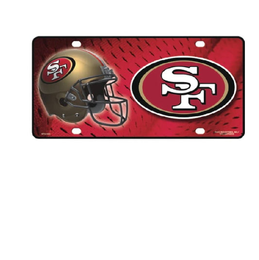 San Francisco 49ers license plate with helmet and logo on a red background