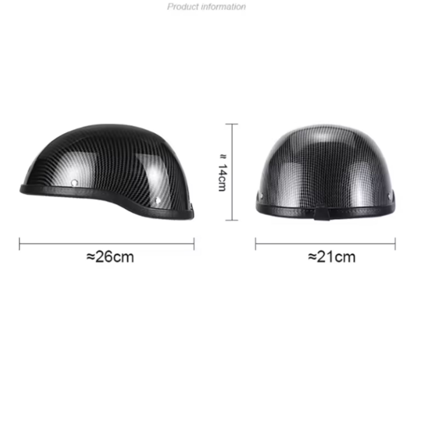 Two black helmets with measurements on a white background