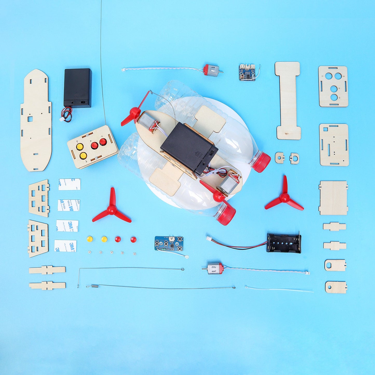 Educational robot parts on a blue background