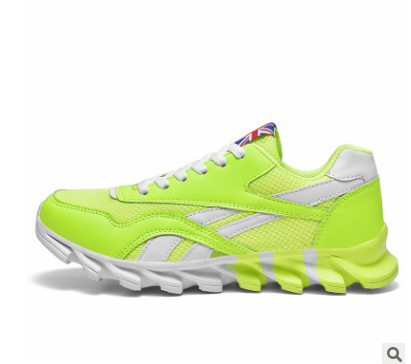 Bright green running shoe with white accents on a white background