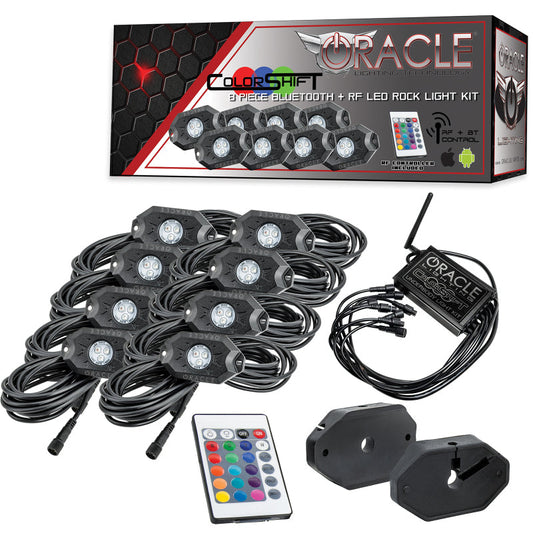 Oracle LED rock light kit with packaging, lights, remote control, and receiver on a white background