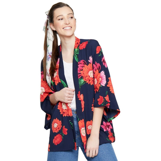 Navy Pink Flower Kimono