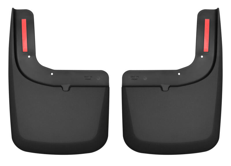 Pair of black car mud flaps with red accents on a white background