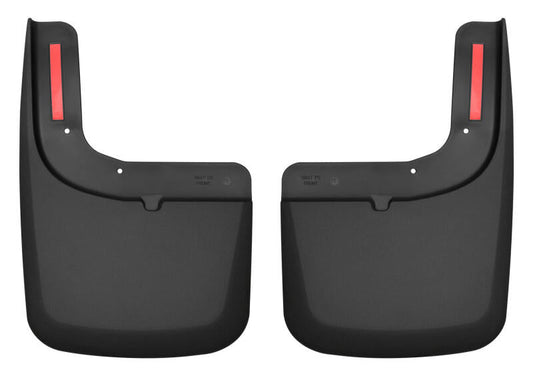 Pair of black car mud flaps with red accents on a white background