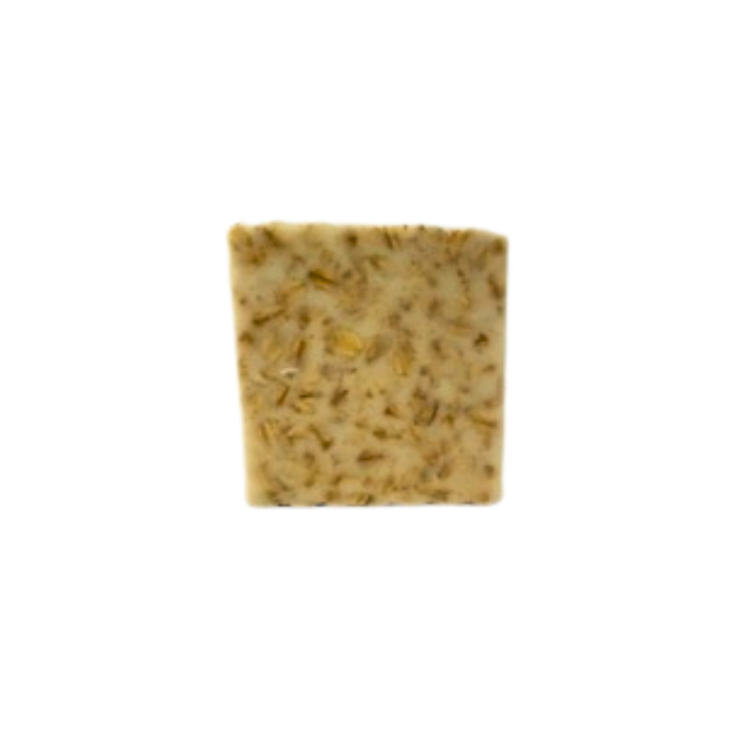 Square bar of oatmeal soap with visible seeds on a white background