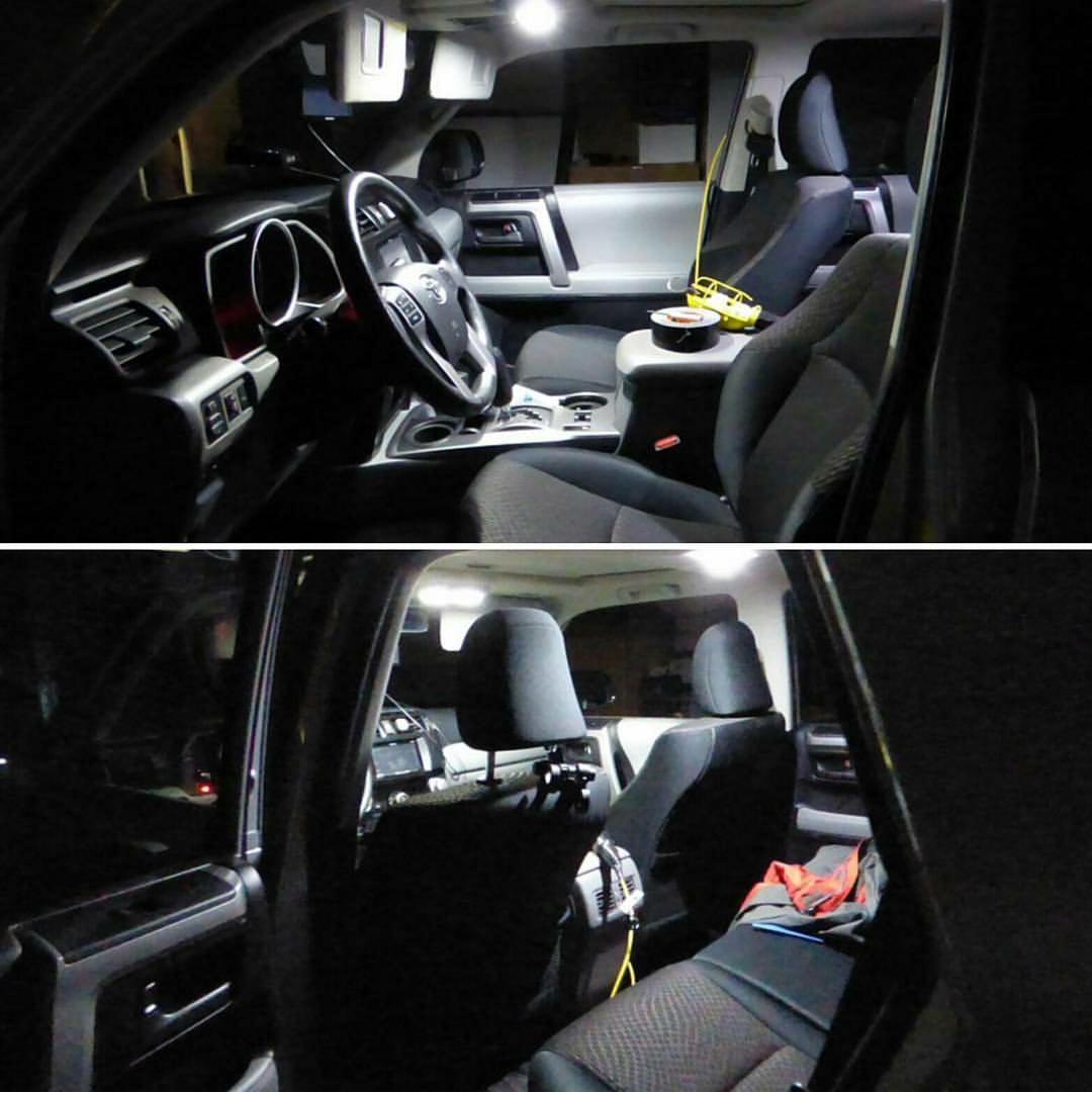 Comparison of a car interior with and without LED lights.
