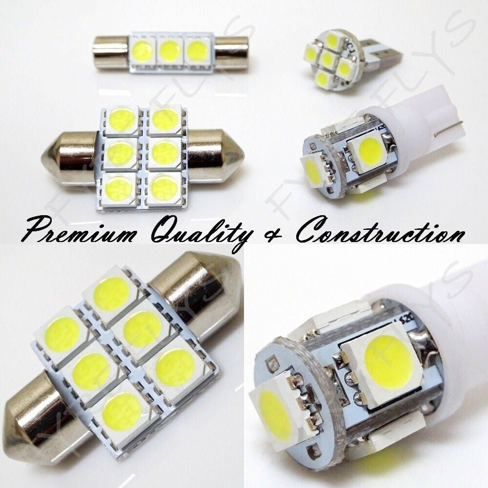Collection of LED car lights on a white background with text 'Premium Quality & Construction'.