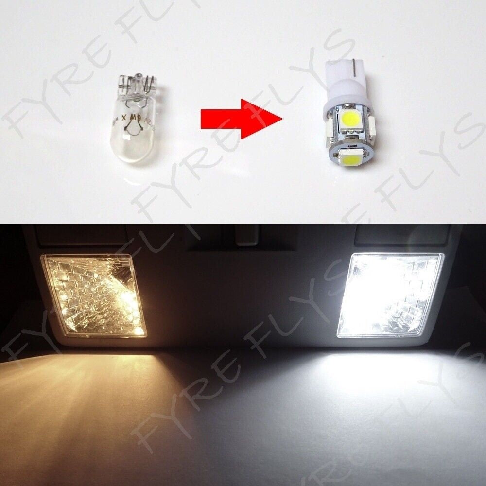Comparison of two LED bulbs with a red arrow and their light output on a car's interior.