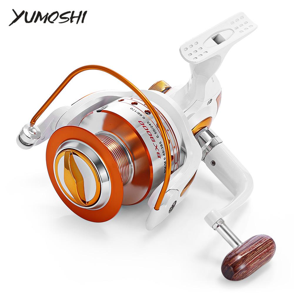 Fishing reel with orange and silver design on a white background, featuring the brand 'YUMOSHI'.
