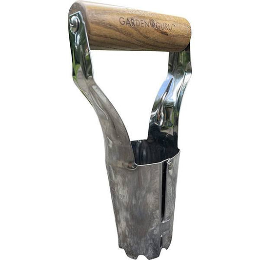 Metal garden tool with wooden handle on a white background