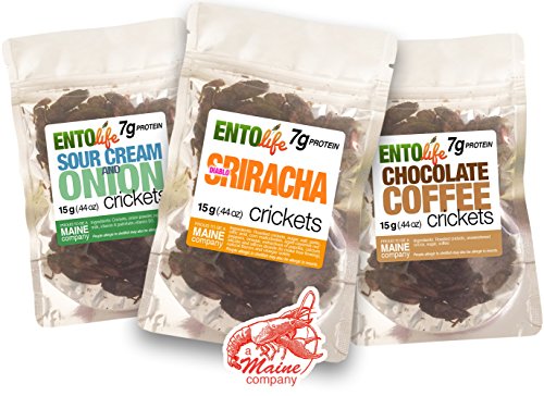Three packages of Entolife cricket snacks with labels for different flavors on a white background.
