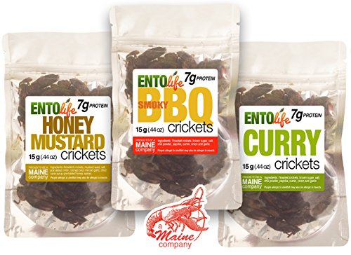 Three packages of Entolife crickets with different flavors on a white background.