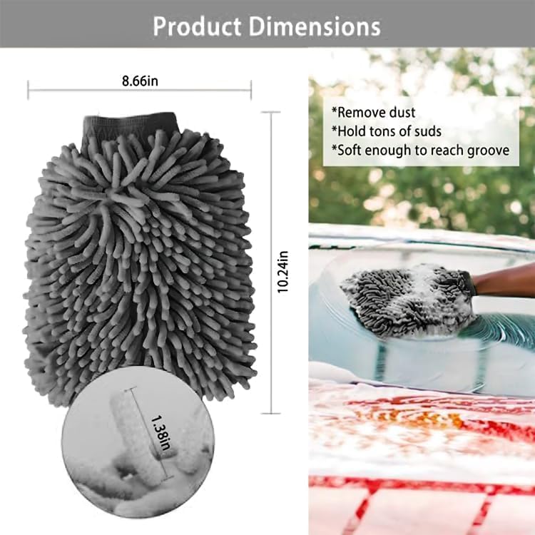 Gray microfiber cleaning mitt with dimensions and usage examples on a gray background