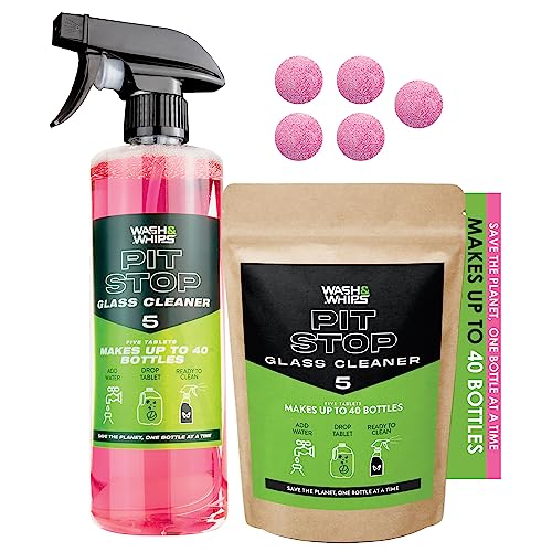 Glass cleaner spray bottle and packaging with pink cleaning tablets on a white background