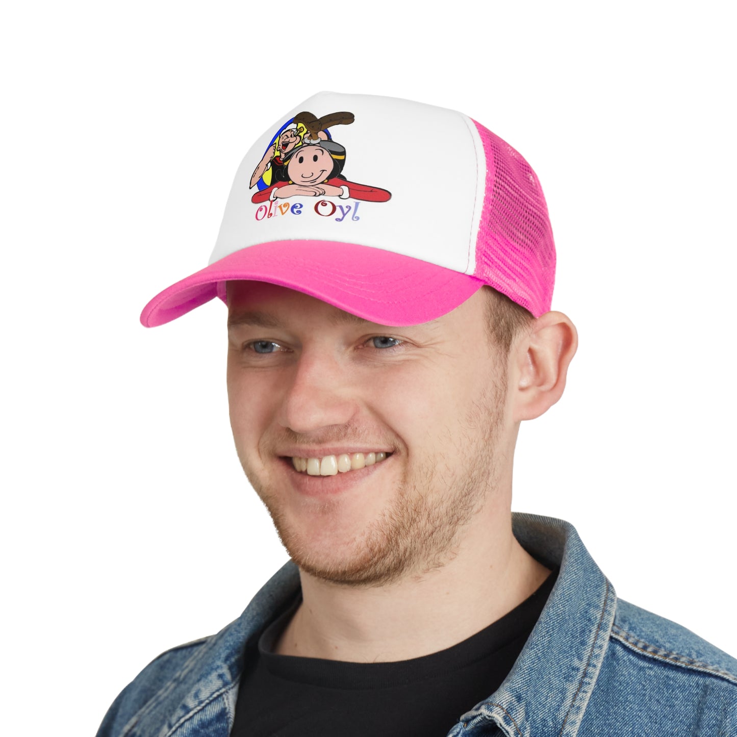 Pink Olive Oyl Popeye Mesh Polyester Ball Cap Modeled