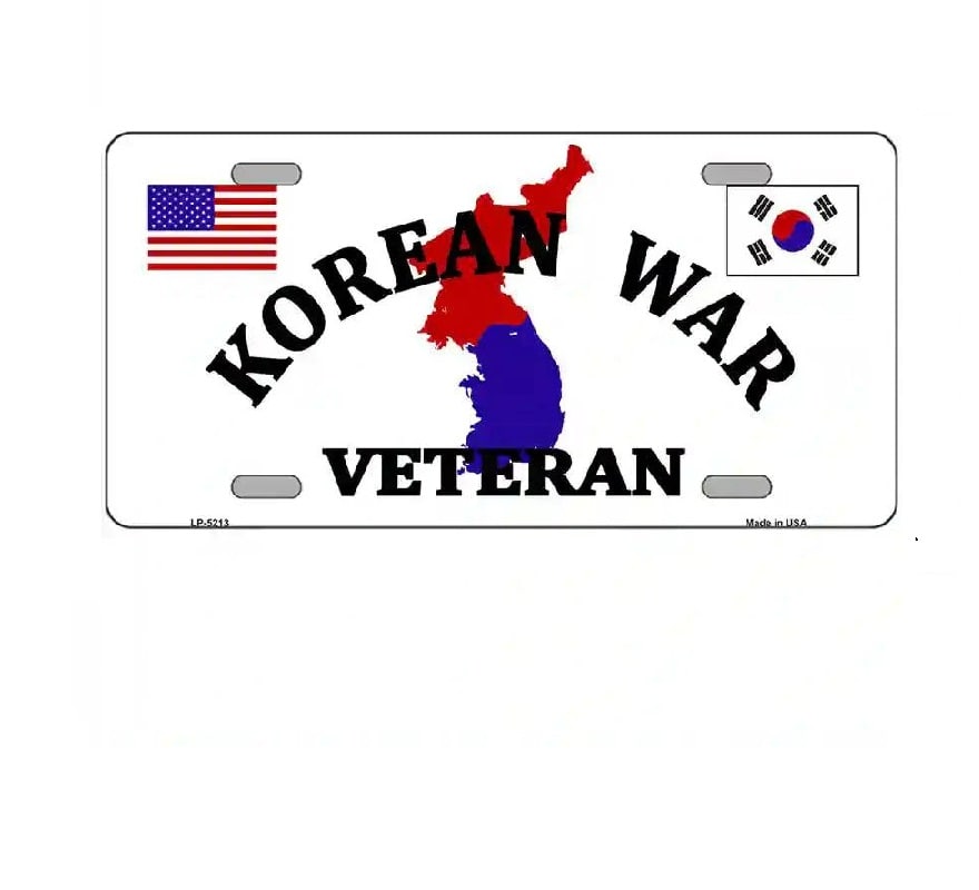 License plate with 'Korean War Veteran' text and map of Korea, featuring American and South Korean flags.