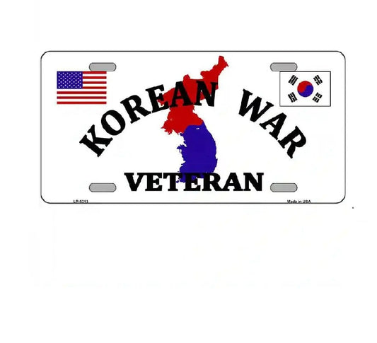 License plate with 'Korean War Veteran' text and map of Korea, featuring American and South Korean flags.