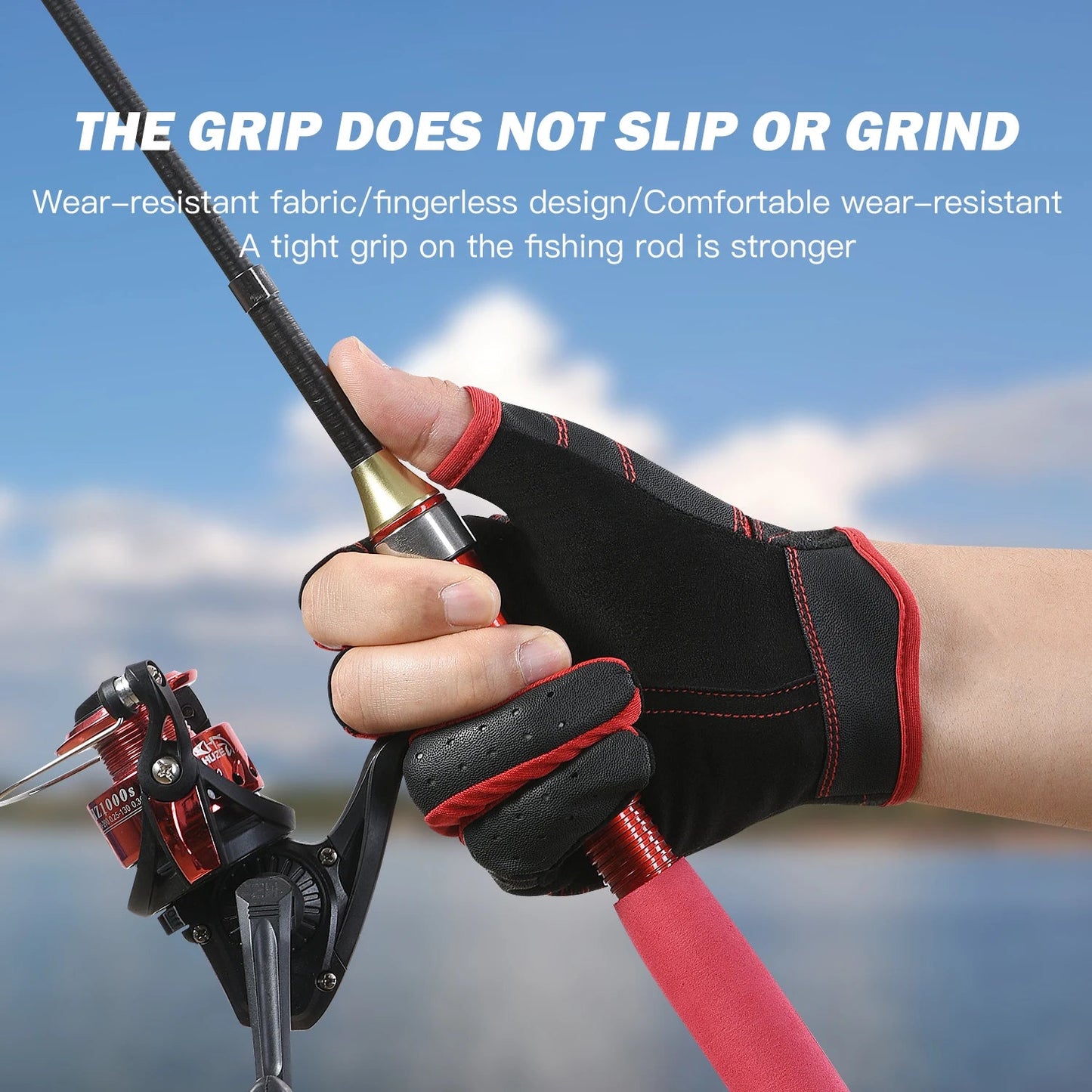 Hand wearing a black and red glove holding a fishing rod with text about grip and comfort.