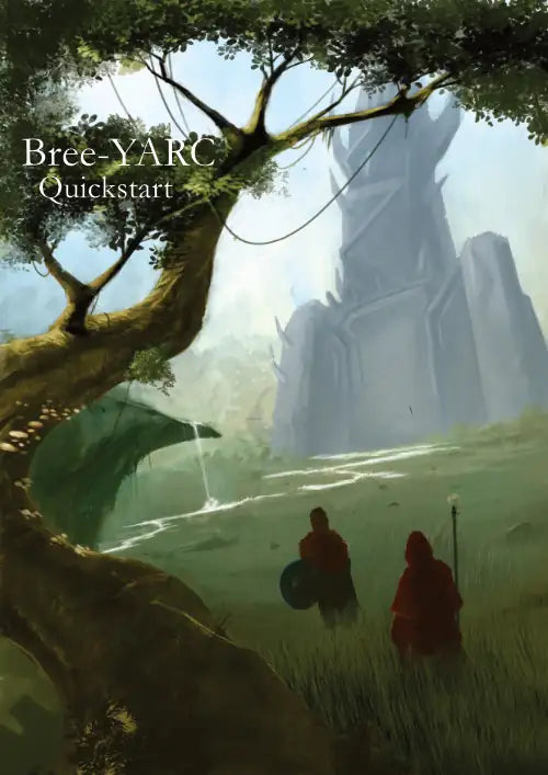 Two figures in red robes walking through a forest with large stone statues in the background, featuring 'Bree-YARC Quickstart' text.