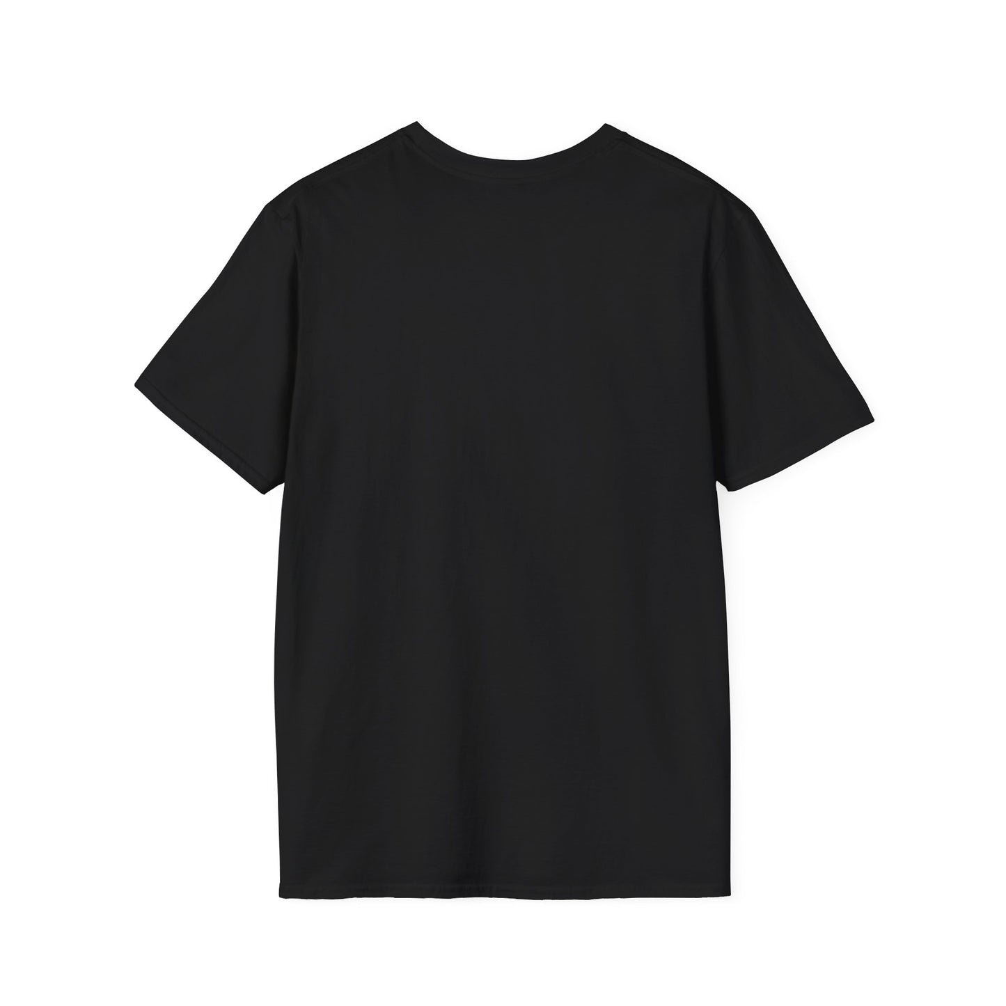 A plain black short-sleeve crewneck t-shirt shown from the back, laid flat against a solid white background.