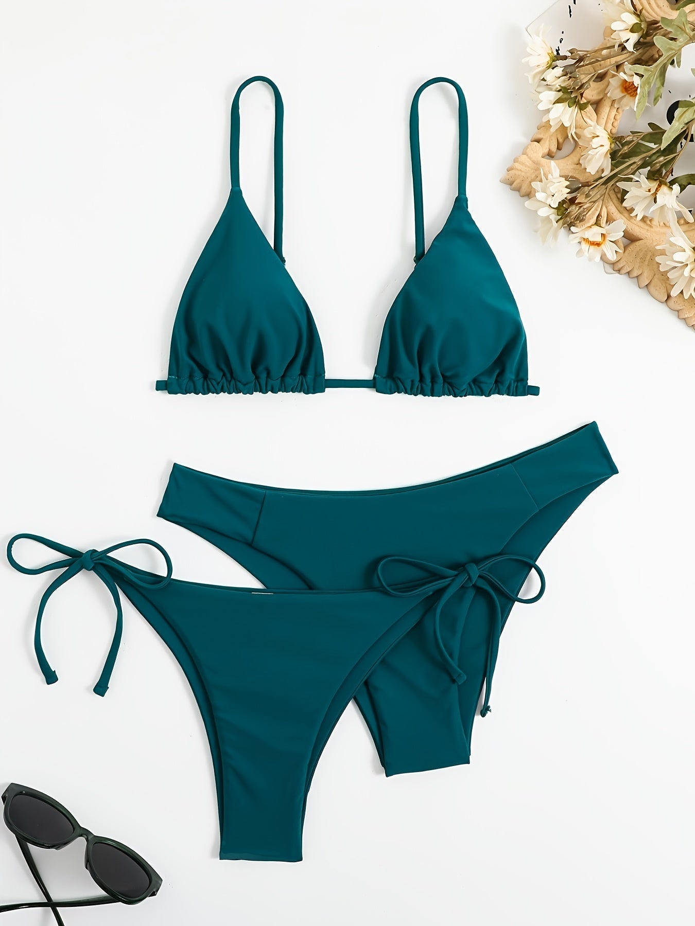 Essential Edge 3-Piece Bikini Set for Women – Solid Color High-Cut Triangle Top Two-Style Bottoms with Side Lace-Up Design & Quick-Drying Comfort – Versatile Women's Swimwear for Summer Pool Beach & Travel