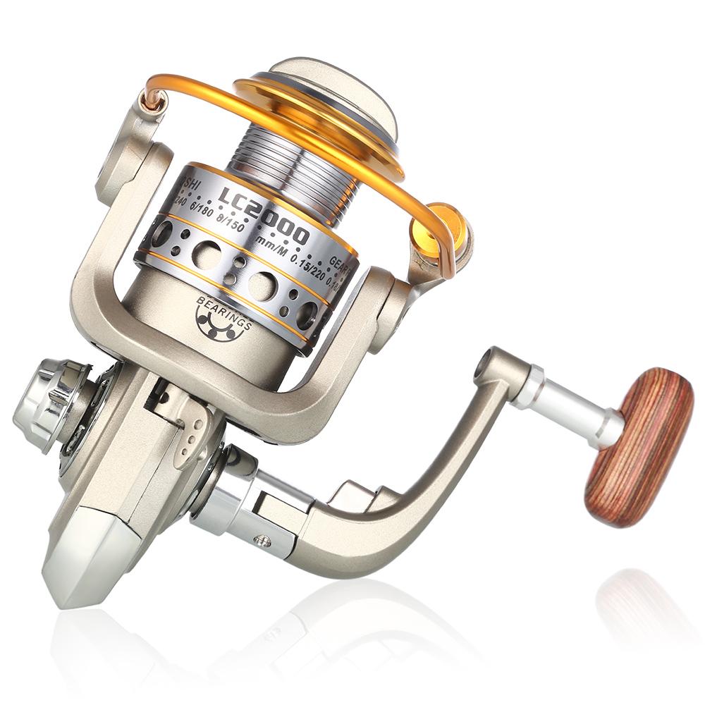 Fishing reel with metallic and wooden design on a white background