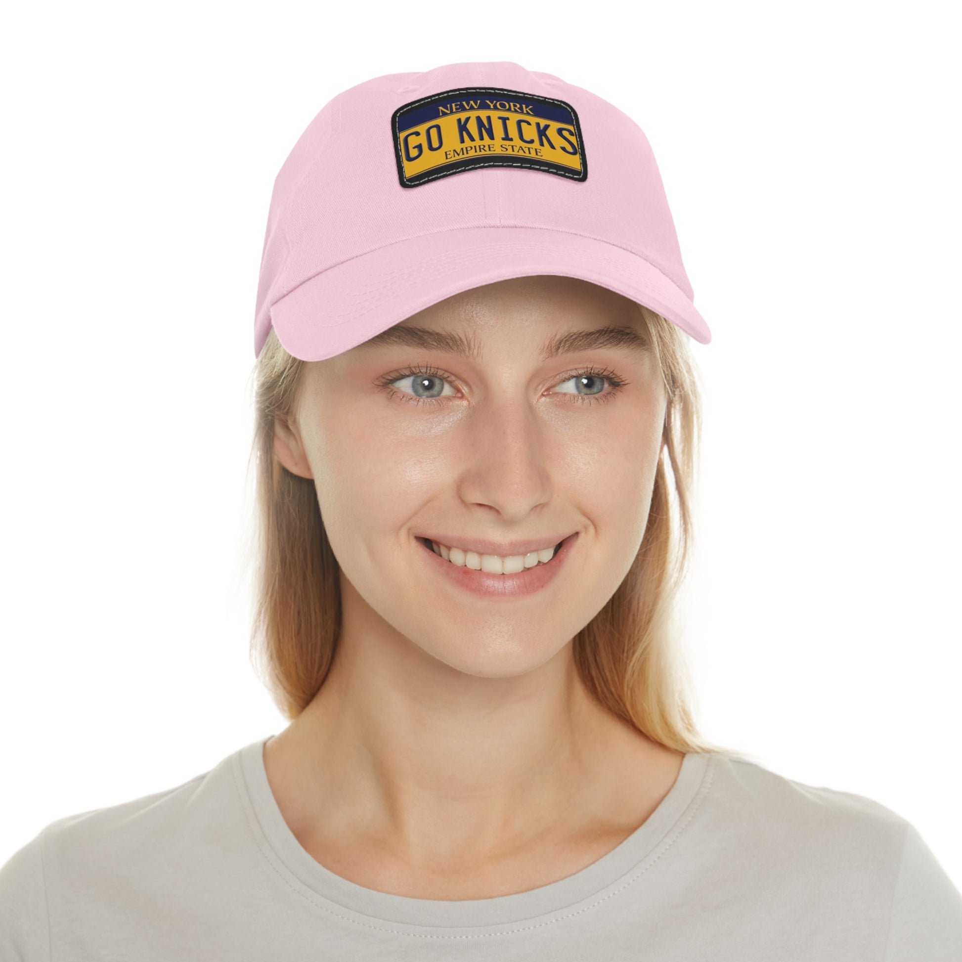 Pink Go Knicks Hat with Leather Patch  On Female Model