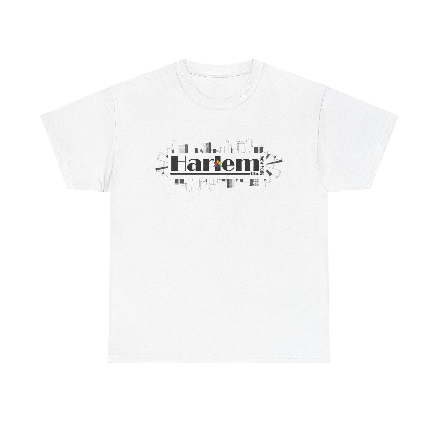 White t-shirt with 'Harlem' text design on a white background