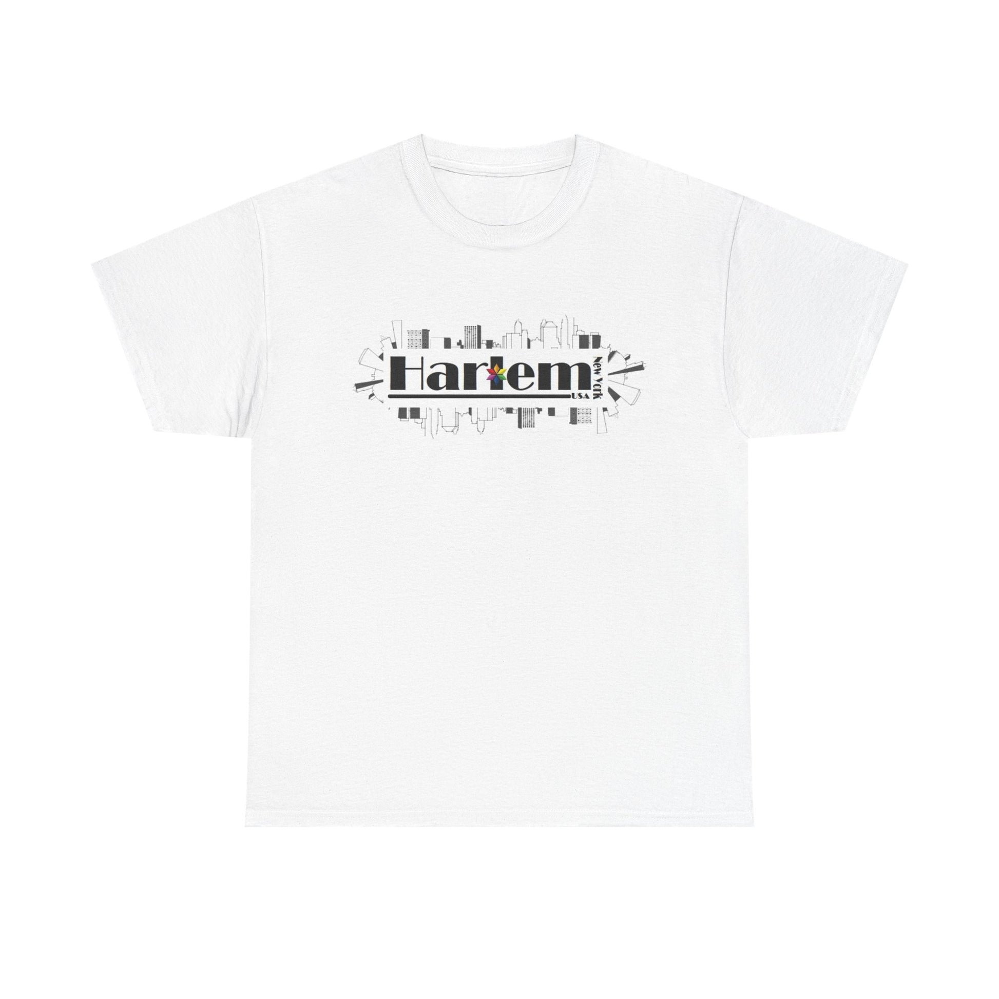 White t-shirt with 'Harlem' text design on a white background