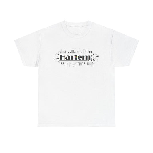 White t-shirt with 'Harlem' text design on a white background