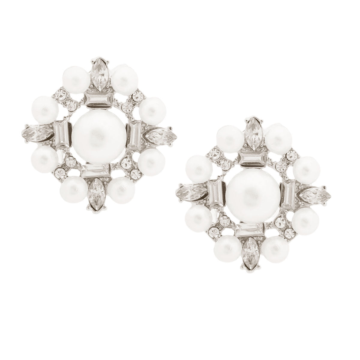 Silver Pearl Baguette Studs