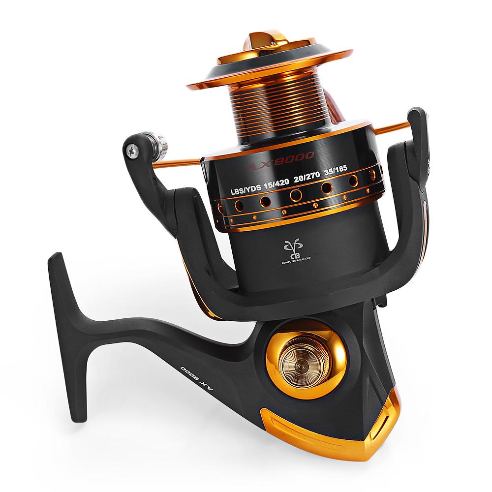 Fishing reel with black and gold design on a white background