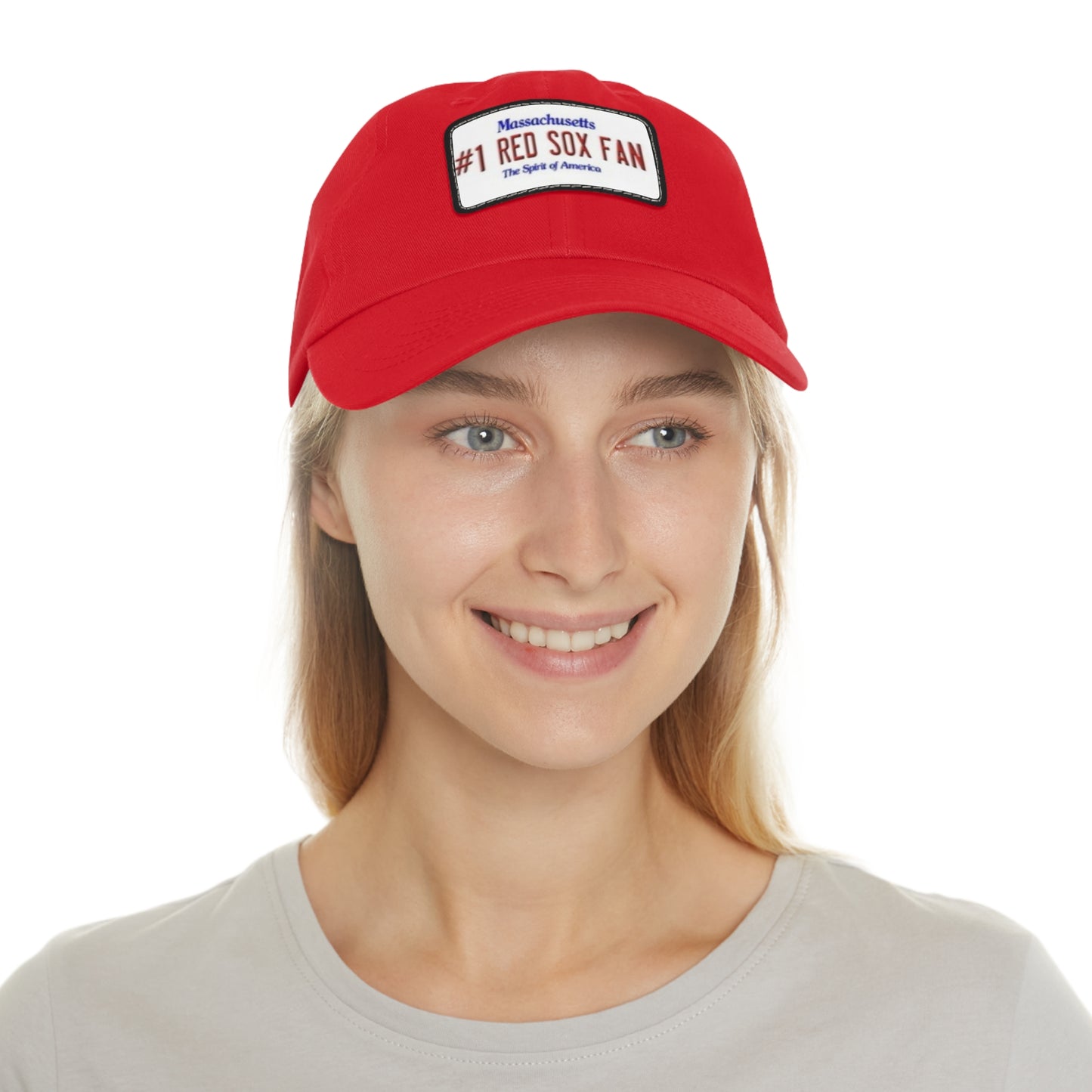 Red #1 Red Sox Fan Baseball Cap with Rectangular Leather Patch On Woman