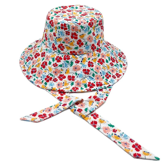 Red Floral Chin Tie Bucket Hat