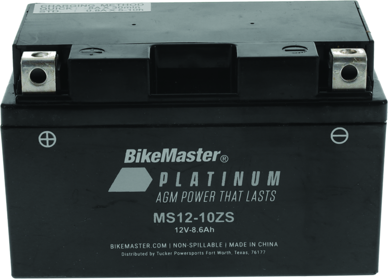BikeMaster Platinum battery with visible branding and specifications.