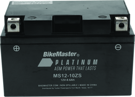 BikeMaster Platinum battery with visible branding and specifications.